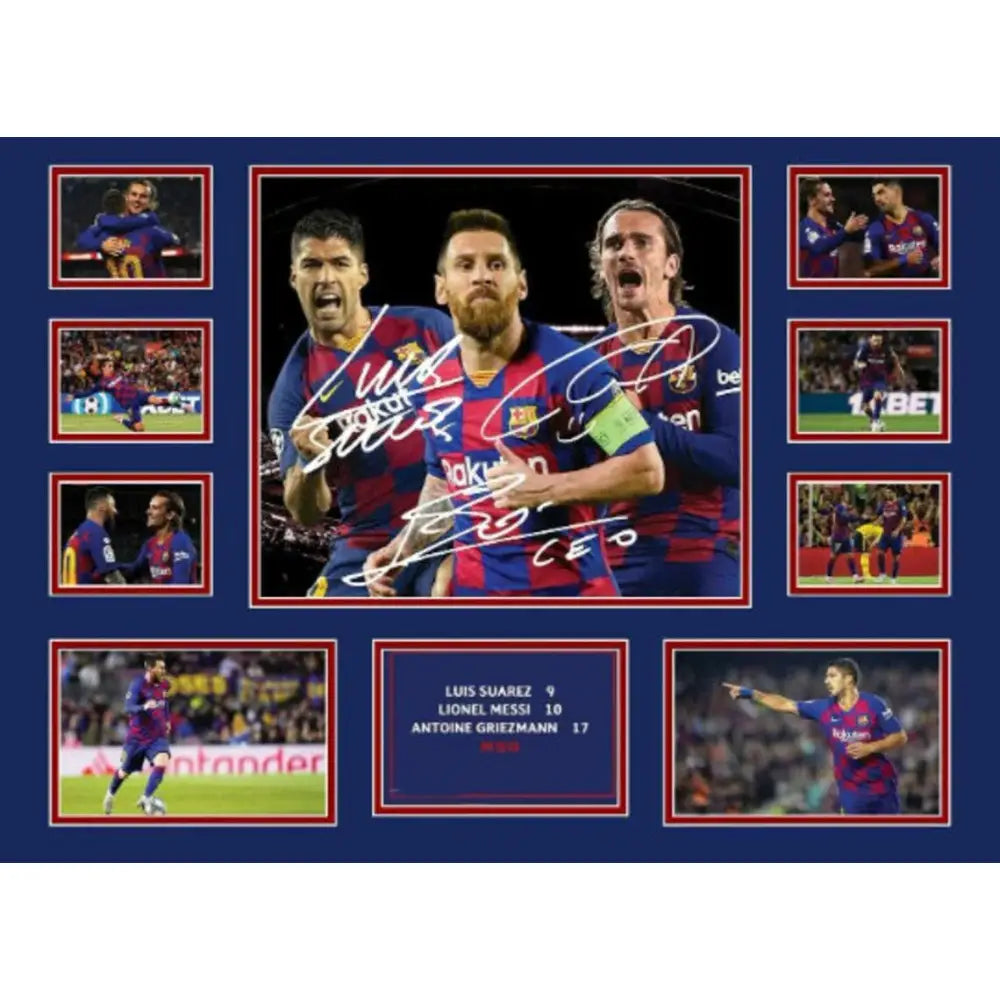 Framed collage wall decor featuring signed photos of fc barcelona players suárez messi and griezmann in jerseys