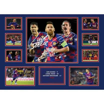 Framed collage wall decor featuring signed photos of fc barcelona players suárez messi and griezmann in jerseys