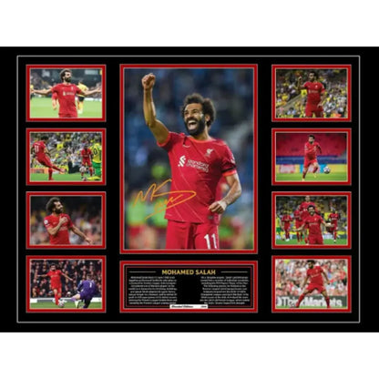 Framed collage of mohamed salah in red liverpool jersey with action shots and autograph wall decor for boys room