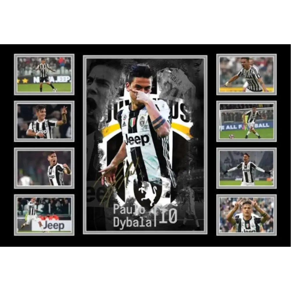 A framed messi football poster canvas wall decor featuring paulo dybala in black and white juventus jersey with action shots