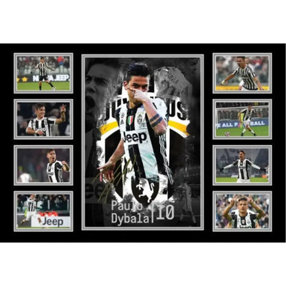A framed messi football poster canvas wall decor featuring paulo dybala in black and white juventus jersey with action shots