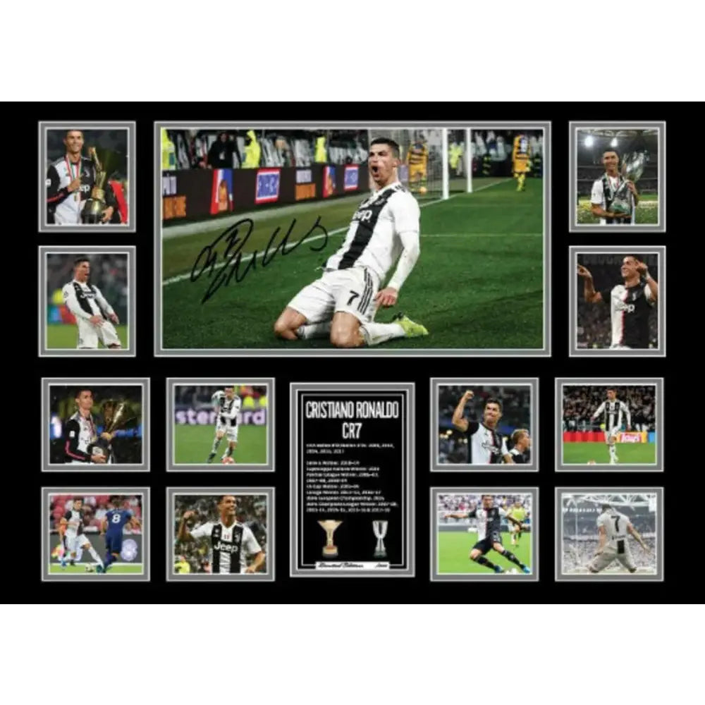 A framed collage wall decor featuring cristiano ronaldo in juventus jersey with autograph for boys room gift