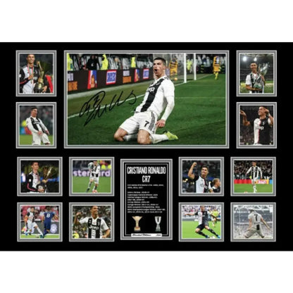 A framed collage wall decor featuring cristiano ronaldo in juventus jersey with autograph for boys room gift
