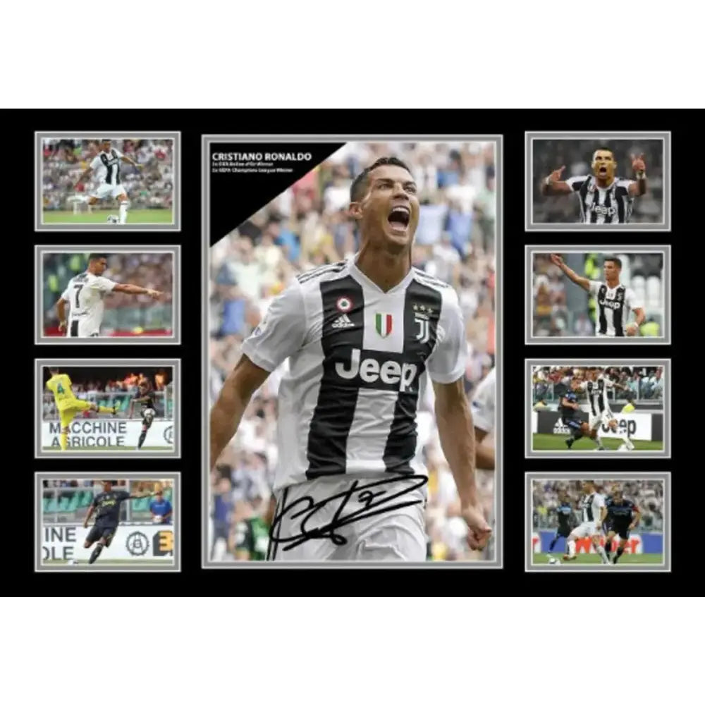 A framed cristiano ronaldo black and white juventus jersey collage wall decor for boys room gift canvas poster