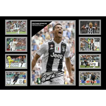 A framed cristiano ronaldo black and white juventus jersey collage wall decor for boys room gift canvas poster