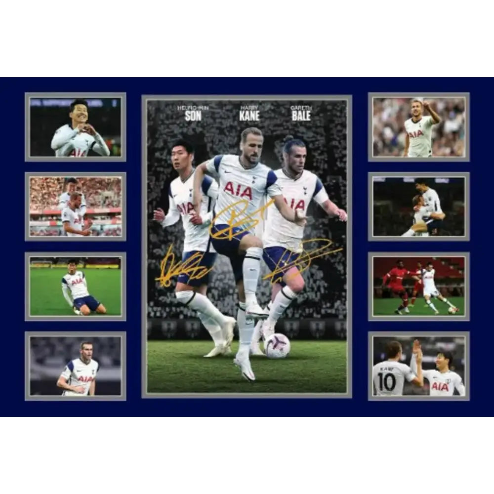 Signed tottenham hotspur football poster featuring son kane and bale in white kits for wall decor gift