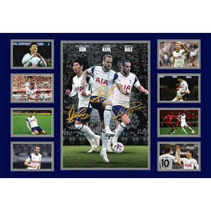 Signed tottenham hotspur football poster featuring son kane and bale in white kits for wall decor gift