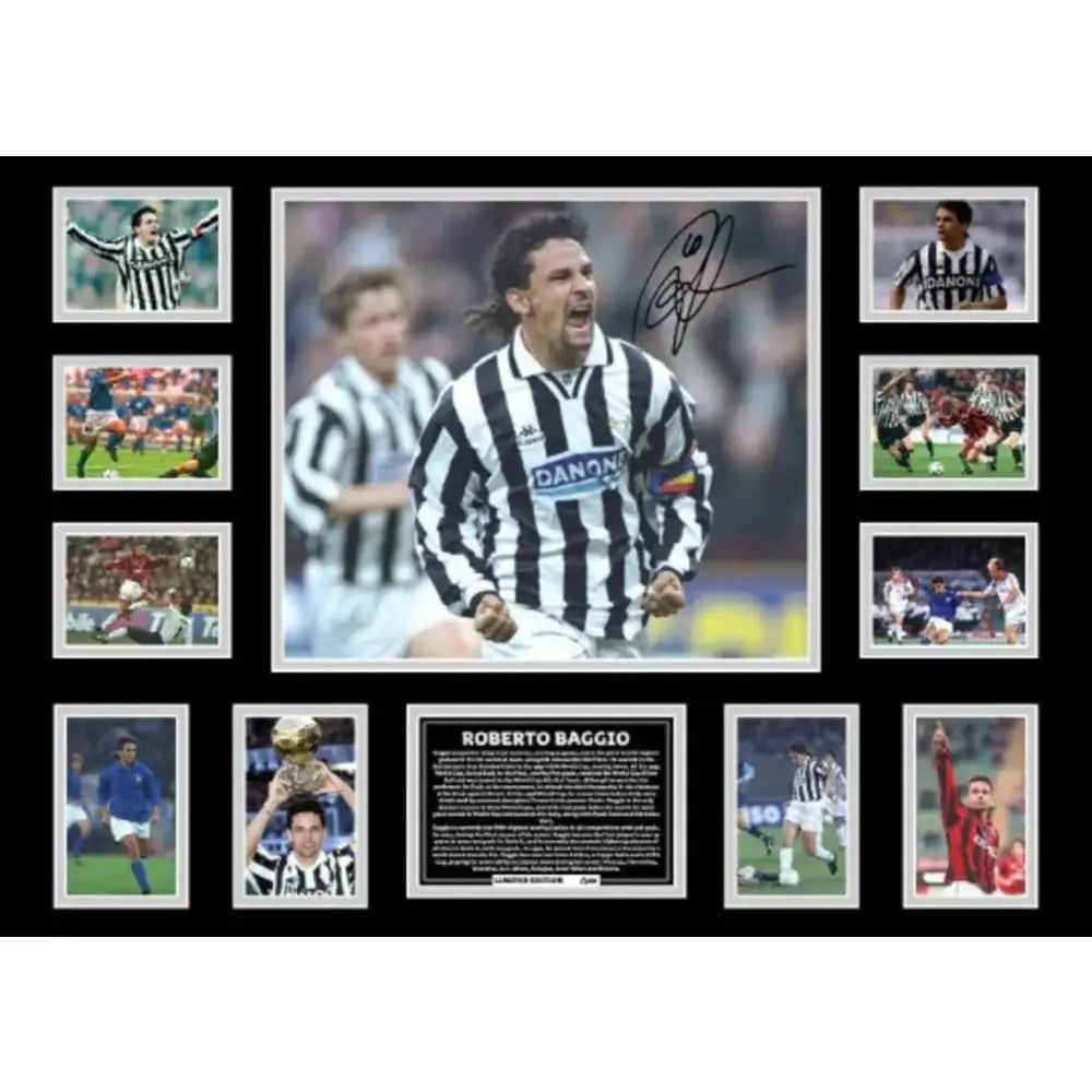 Signed framed photo of roberto baggio in black and white juventus jersey for wall decor in boys room gift