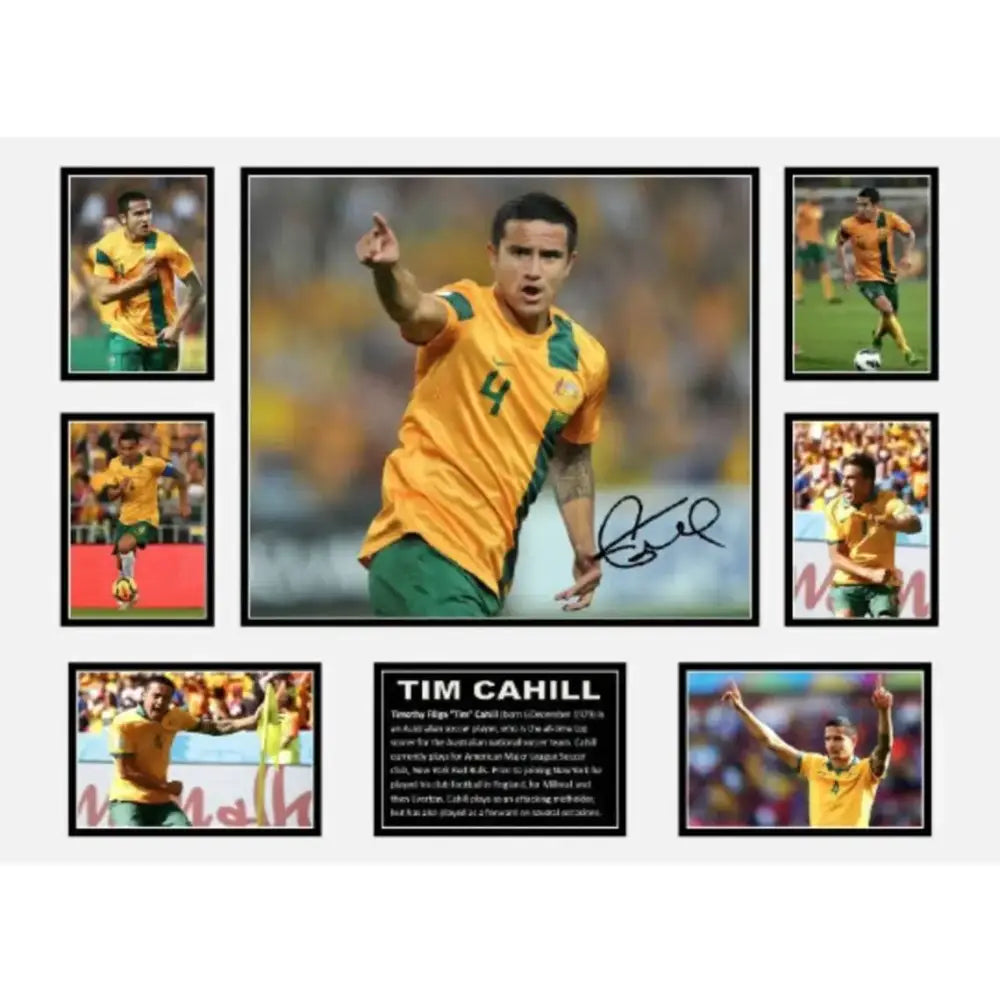 Signed framed photo collage of australian soccer player tim cahill in yellow and green jersey wall decor for boys room