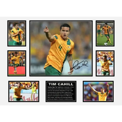 Signed framed photo collage of australian soccer player tim cahill in yellow and green jersey wall decor for boys room