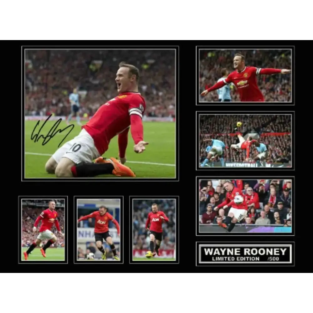 Signed limited edition framed collage of wayne rooney in red manchester united jersey wall decor for boys room