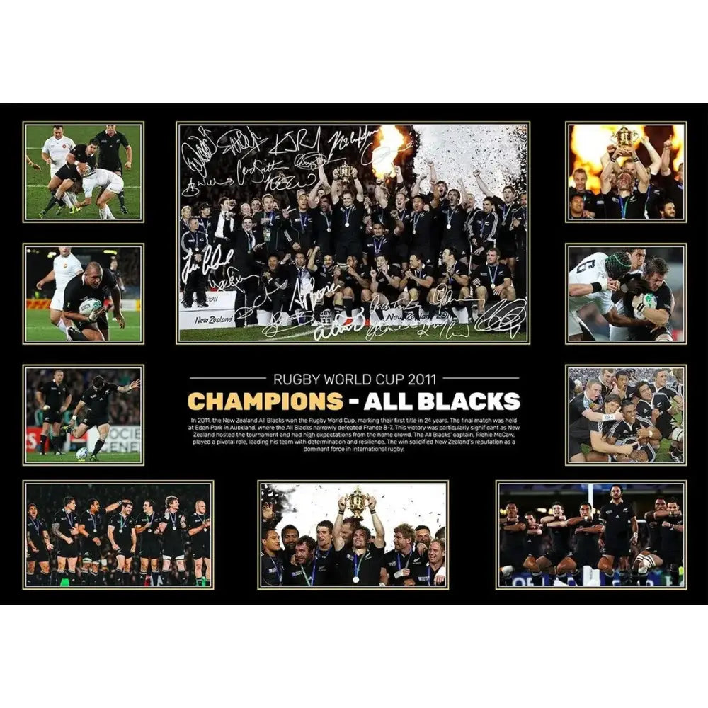 Black framed rugby memorabilia collage with signed all blacks photos celebrating 2011 world cup for wall decor