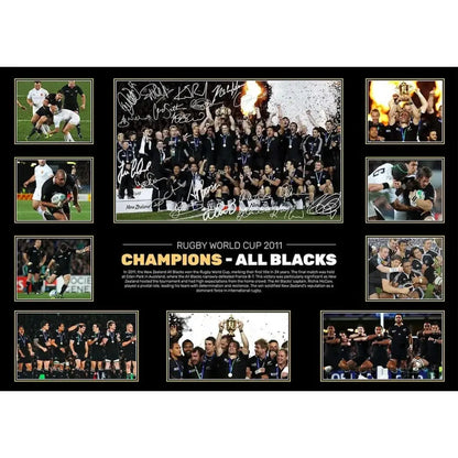 Black framed rugby memorabilia collage with signed all blacks photos celebrating 2011 world cup for wall decor