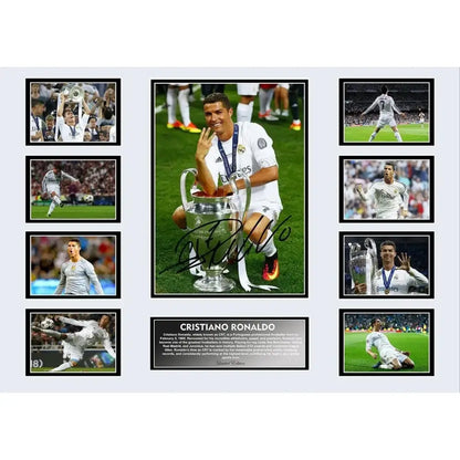 Silver uefa champions league trophy with ornate handles in an autographed framed collage for boys room wall decor