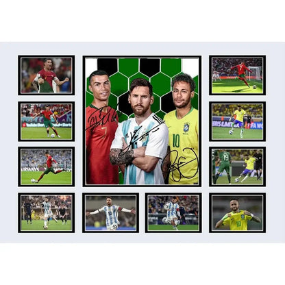 A framed collage of signed football player photos including messi ronaldo and neymar wall decor for boys room