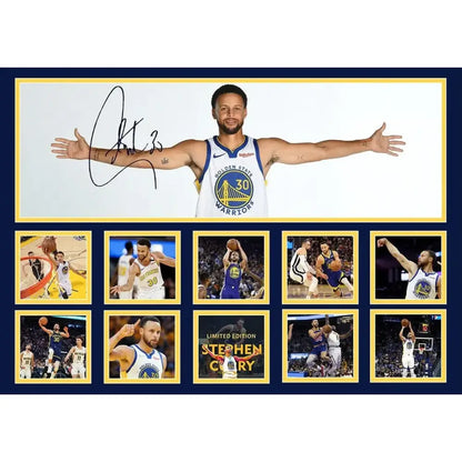 A limited edition framed stephen curry collage wall decor with signed portrait and action shots in golden state warriors jersey