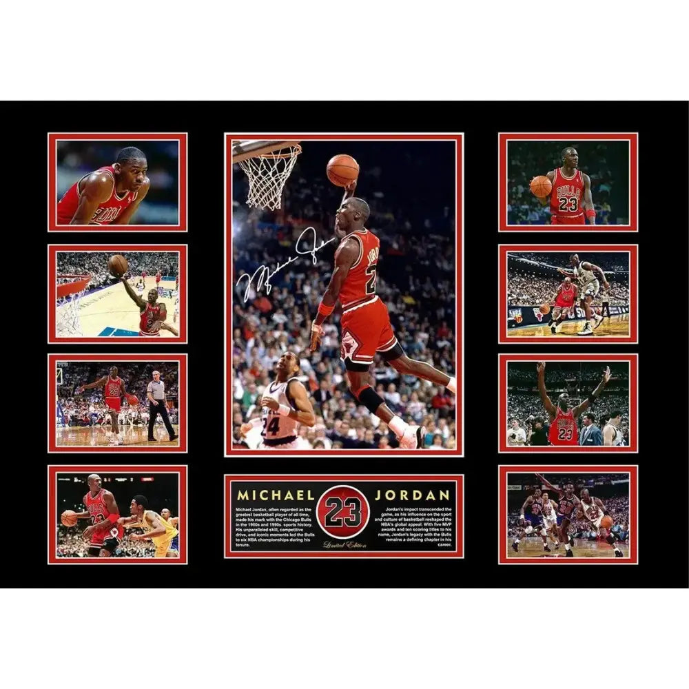Framed michael jordan collage wall decor in red chicago bulls jersey mid-air dunk signed for boys room gift