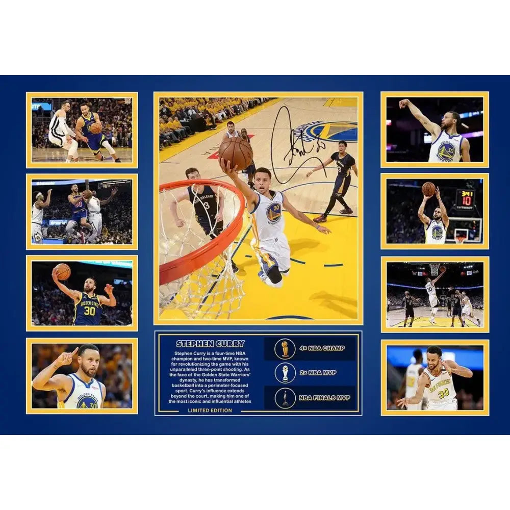 Stephen curry framed sports collage wall decor with multiple action shots signature and stats plaque below