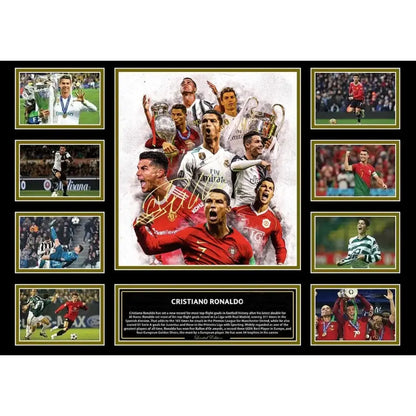 Framed signed collage of cristiano ronaldo in real madrid and portugal jerseys on polyester canvas wall decor