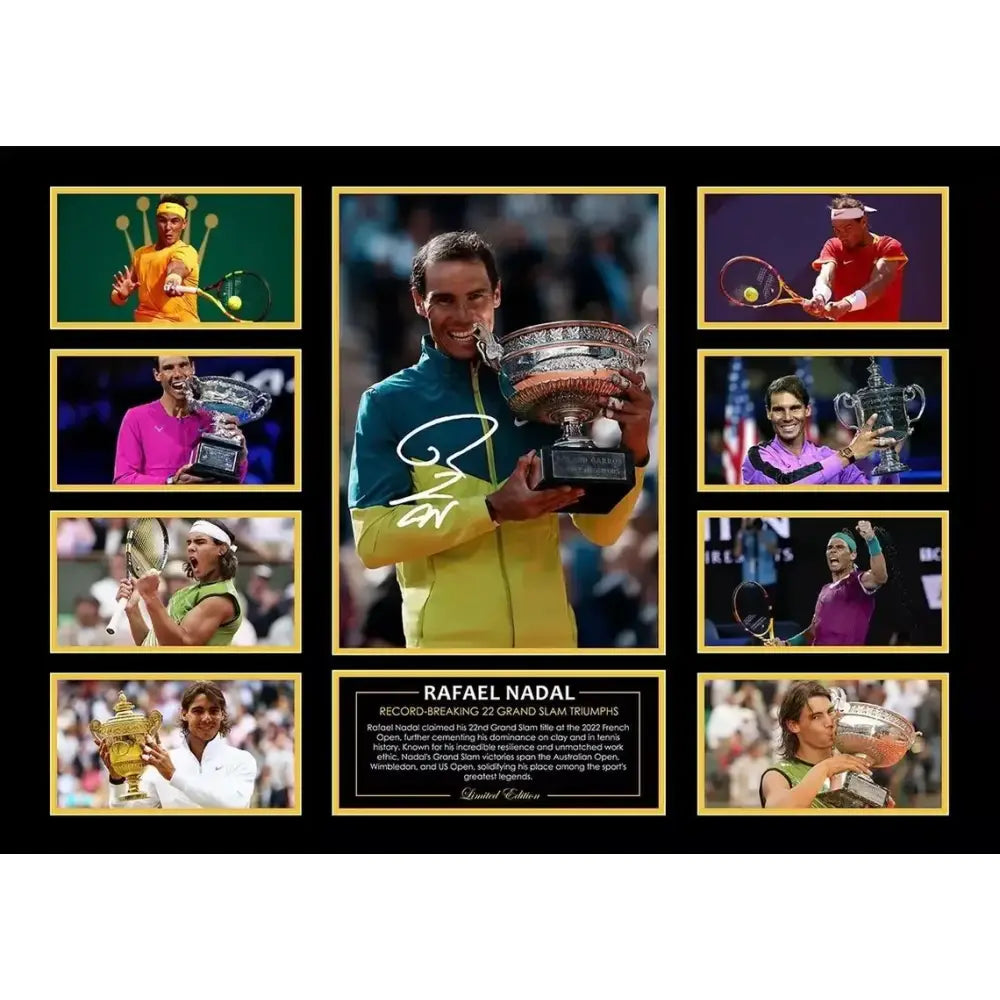 A signed framed collage of Rafael Nadal holding the Wimbledon trophy with gold and silver metallic wall decor