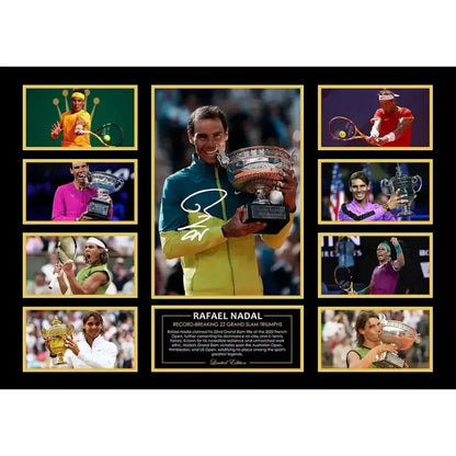 A signed framed collage of Rafael Nadal holding the Wimbledon trophy with gold and silver metallic wall decor
