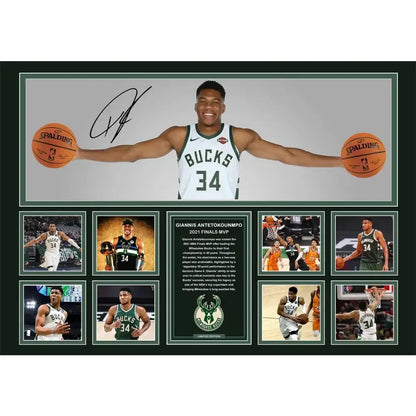 A framed sports memorabilia collage featuring giannis antetokounmpo in white jersey holding basketballs with signature wall decor