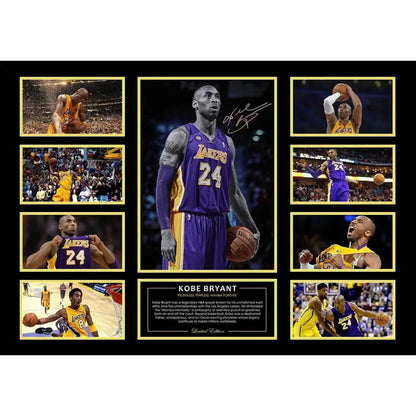 Framed kobe bryant collage wall decor in purple and gold lakers jersey holding basketball for boys room gift