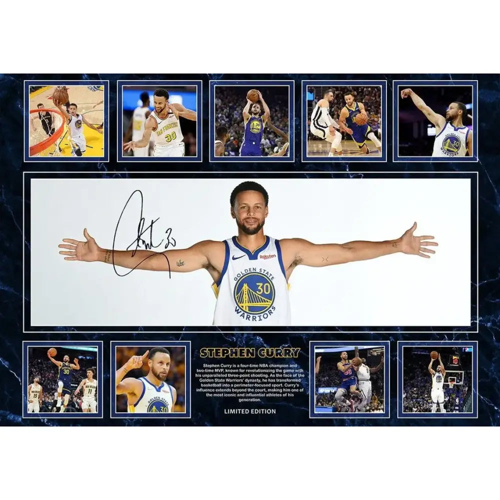 Framed signed photograph of stephen curry in golden state warriors jersey with action shots wall decor for boys room