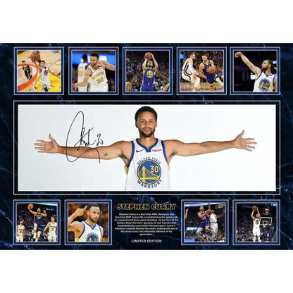 Framed signed photograph of stephen curry in golden state warriors jersey with action shots wall decor for boys room