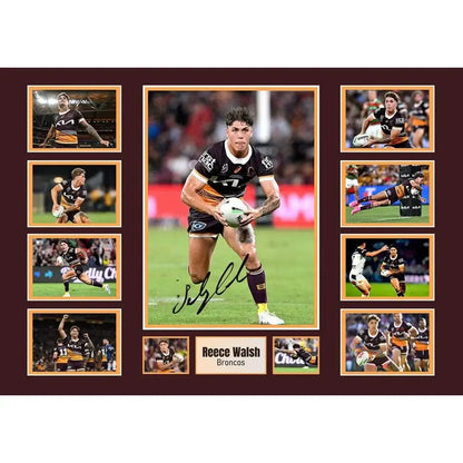 Signed framed photo of rugby league player reece walsh in black and gold broncos jersey wall decor