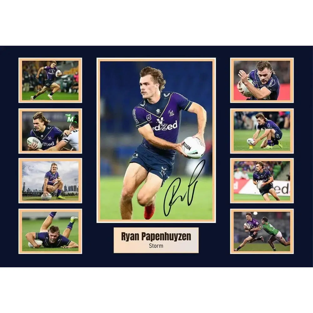 Signed framed photo of rugby league player ryan papenhuyzen in a purple and navy jersey wall decor for boys room