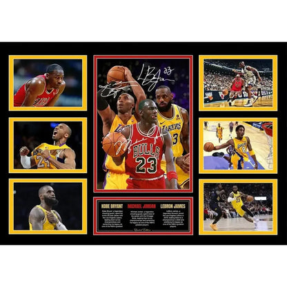 A framed collage of signed kobe bryant michael jordan and lebron james photos on polyester canvas wall decor for boys room
