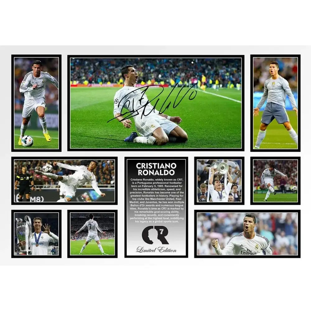 Framed limited edition collage of cristiano ronaldo in real madrid jersey with autograph and biographical text wall decor