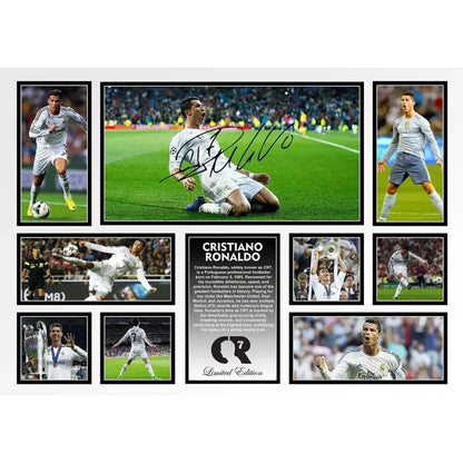 Framed limited edition collage of cristiano ronaldo in real madrid jersey with autograph and biographical text wall decor