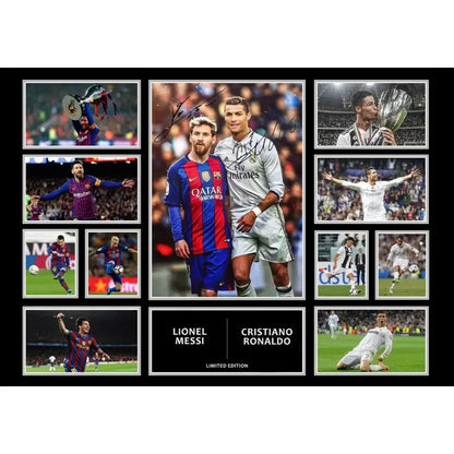 Limited edition framed wall decor collage featuring lionel messi and cristiano ronaldo in iconic club jerseys