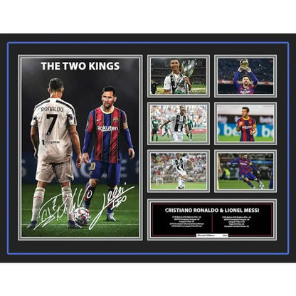 Framed collage wall decor featuring cristiano ronaldo and lionel messi in iconic jerseys with signatures below