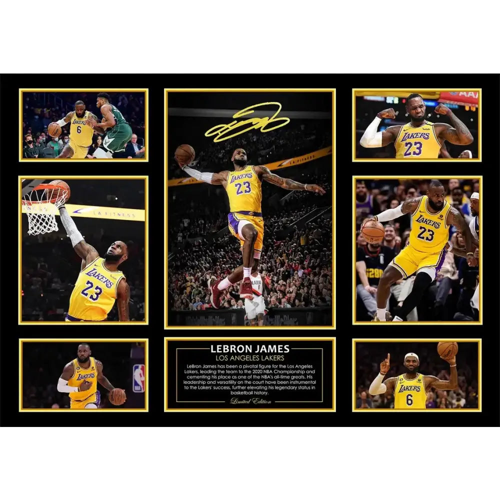 Lebron james los angeles lakers signature sports collage framed print wall decor perfect for boys room gift