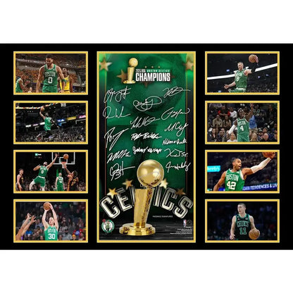 Messi football poster canvas wall decor featuring golden nba trophy with 2024 boston celtics champions on green polyester canvas
