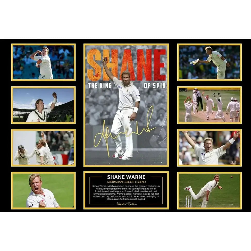 Framed sports memorabilia collage of shane warne with signature and action shots as wall decor with gold trim