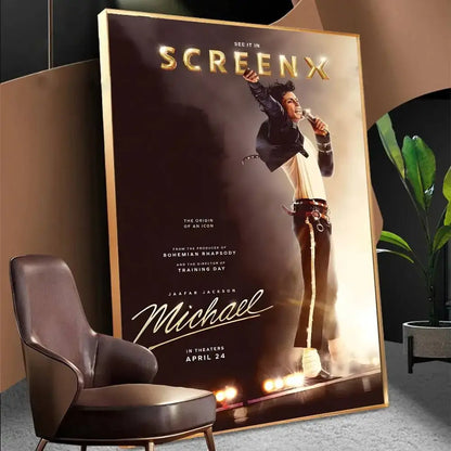 A framed michael jackson biopic movie poster featuring jackson in black and white outfit with gold trim on dark background