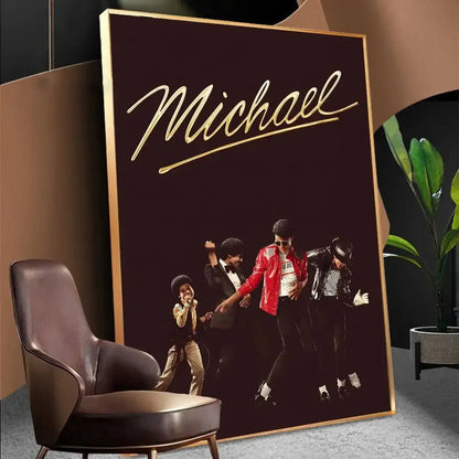 A framed michael jackson biopic movie poster featuring him in a red leather jacket with gold michael lettering