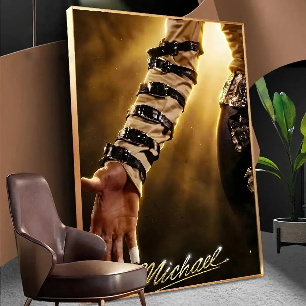 Golden-framed waterproof michael jackson biopic movie poster canvas print featuring stylized arm with signature