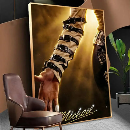 Golden-framed waterproof michael jackson biopic movie poster canvas print featuring stylized arm with signature