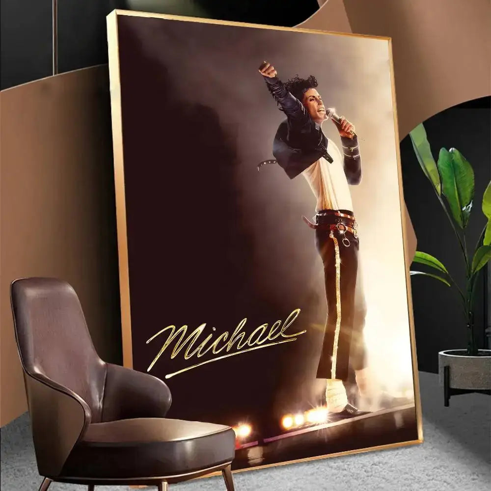 Gold-framed michael jackson biopic waterproof wall art featuring dynamic pose with black jacket and gold-trimmed pants