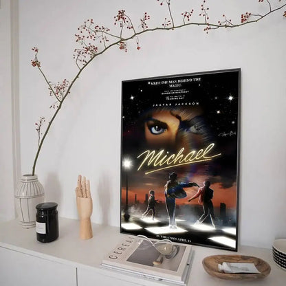 Black-framed michael jackson biopic movie poster with stylized portrait and golden cursive text waterproof wall art