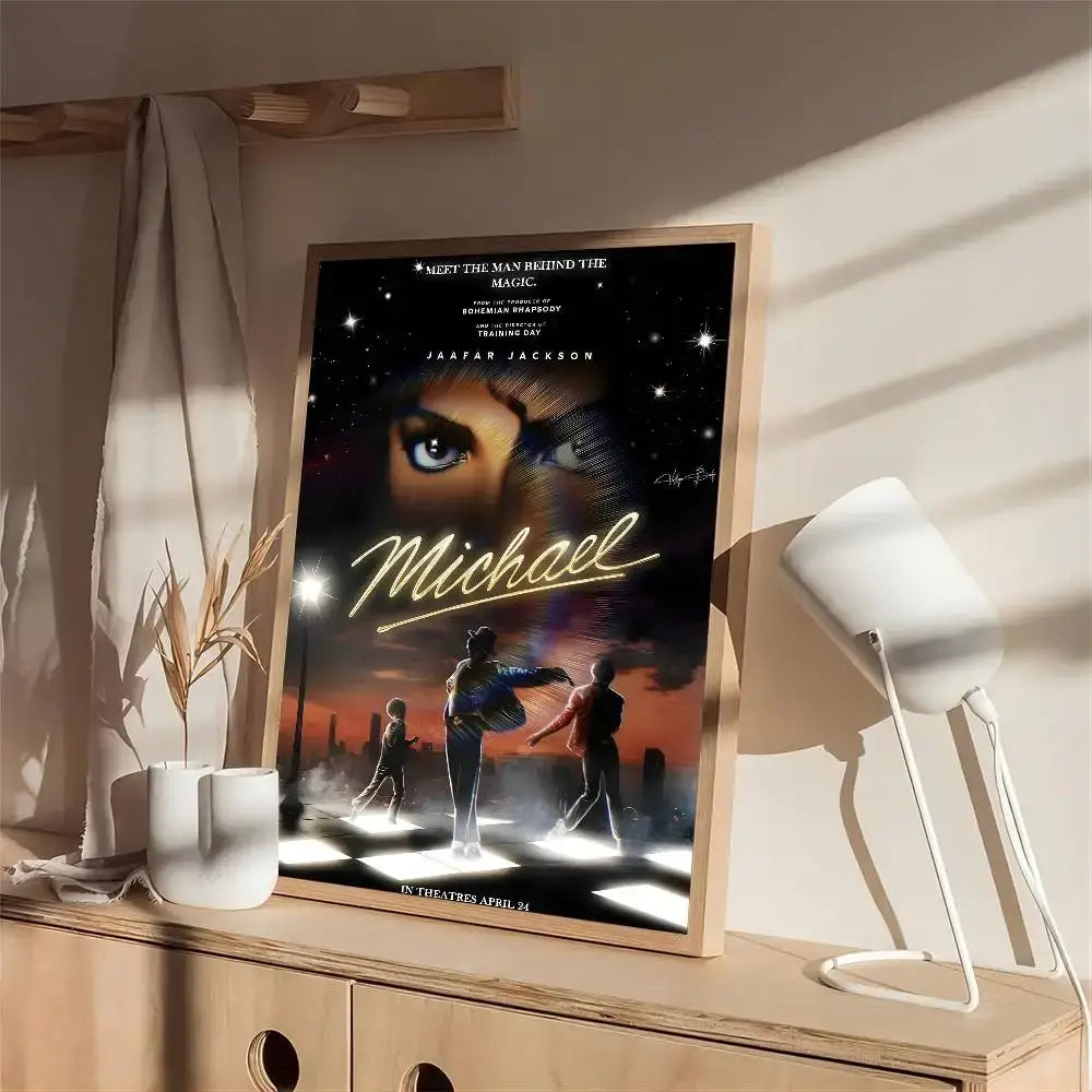 A framed michael jackson biopic movie poster with glowing text and silhouettes set against a starry night sky backdrop