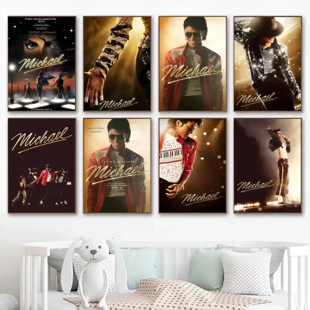 Set of eight framed michael jackson biopic movie posters with elegant script displayed above white crib with pillows