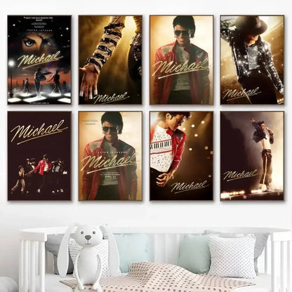Set of eight framed michael jackson biopic movie posters with elegant script displayed above white crib with pillows