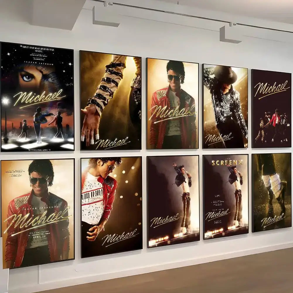 Set of eight framed michael jackson biopic movie posters with iconic images and elegant script on white wall