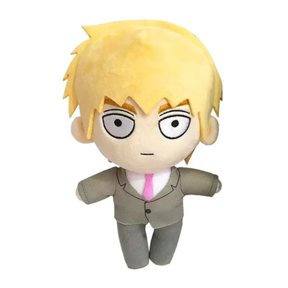 Mob 100 reigen arataka plush doll with spiky yellow hair wearing gray suit and pink tie soft stuffed plush